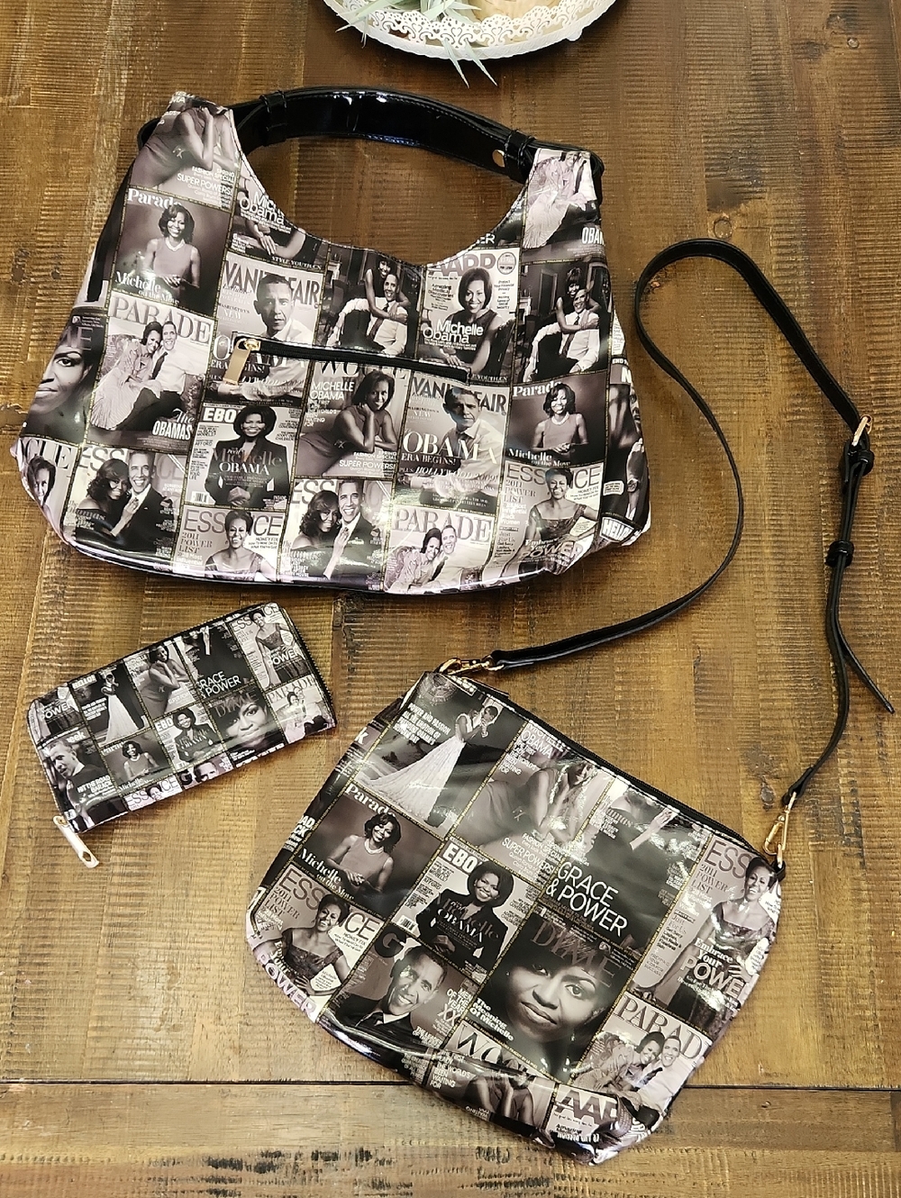 Collage-Print Black & White Michelle Obama Women’s Shoulder Bag Set